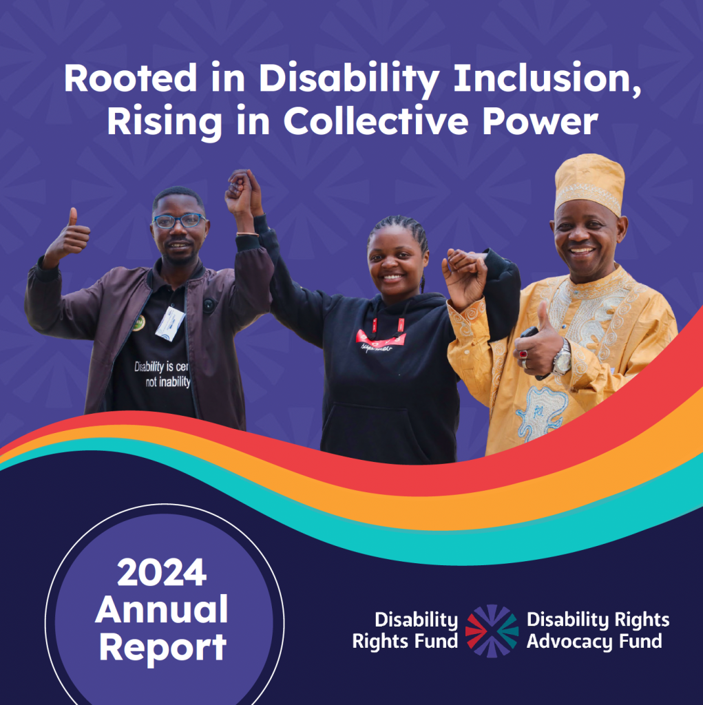 A blue cover photo of the 2024 annual report with text: Rooted in Disability Inclusion, Rising in Collective Power. The graphic has a photo of three people smiling and joining hands in unity.