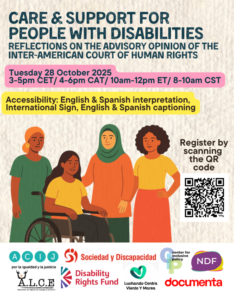 A cream flyer with text: Care and Support for People with Disabilities. The flyer has an illustration of four diverse women and has logos of participation organizations.