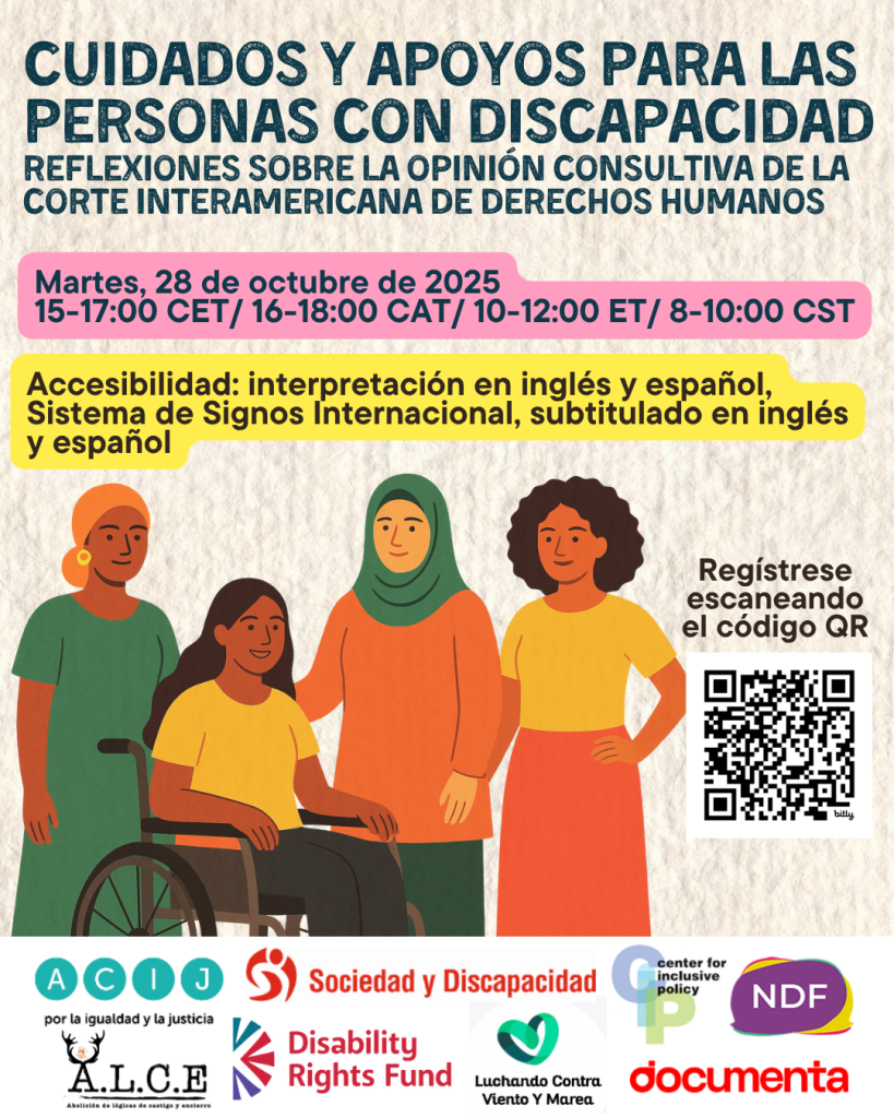 A cream flyer with text: Cuidados Y Apoyos Para Las Personas Con Discapacidad. The flyer has an illustration of four diverse women and has logos of participation organizations.